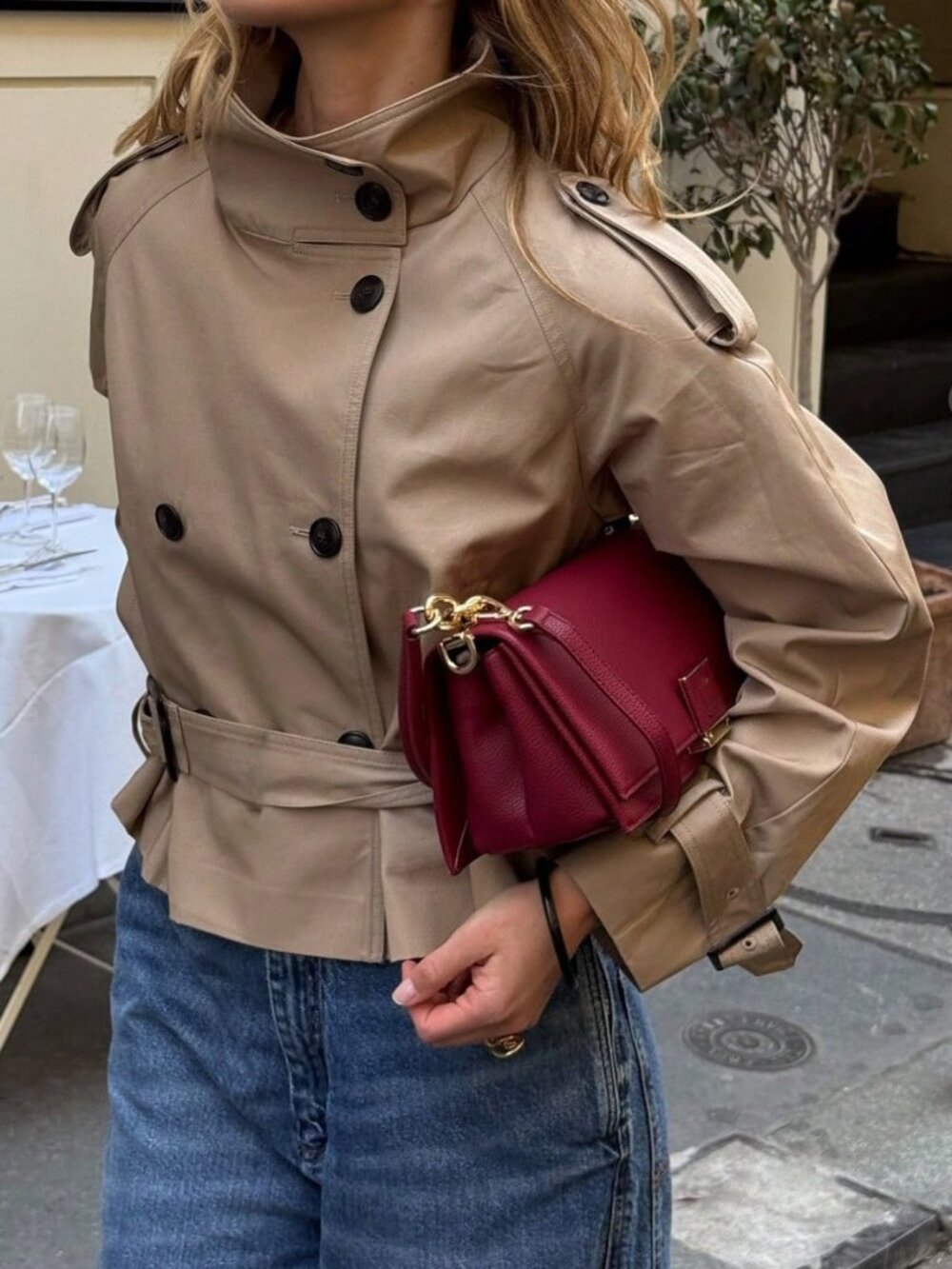 Khaki Casual Women's Double Button Puff Sleeve Funnel Neck Shacket - Picture 6 of 10